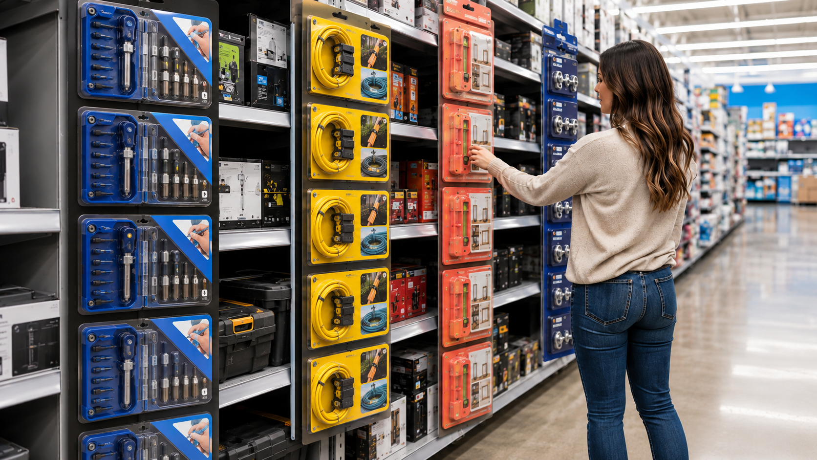 Vertical clip strips in a bright mass-retail aisle, each carrying identical packaged problem-solving products repeated down the strip — a blue repair-card strip, a yellow ratcheting-band strip and a coral hanging-tool strip — beside related merchandise as a shopper reaches for a coral package at eye level